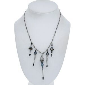 Vintage Sterling Silver 925 Quartz Hematite Crystal Dangle Bib Necklace 16"